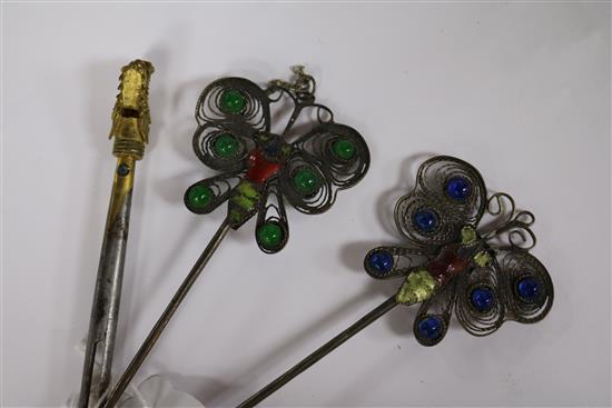 Three metal, glass and enamel hair ornaments